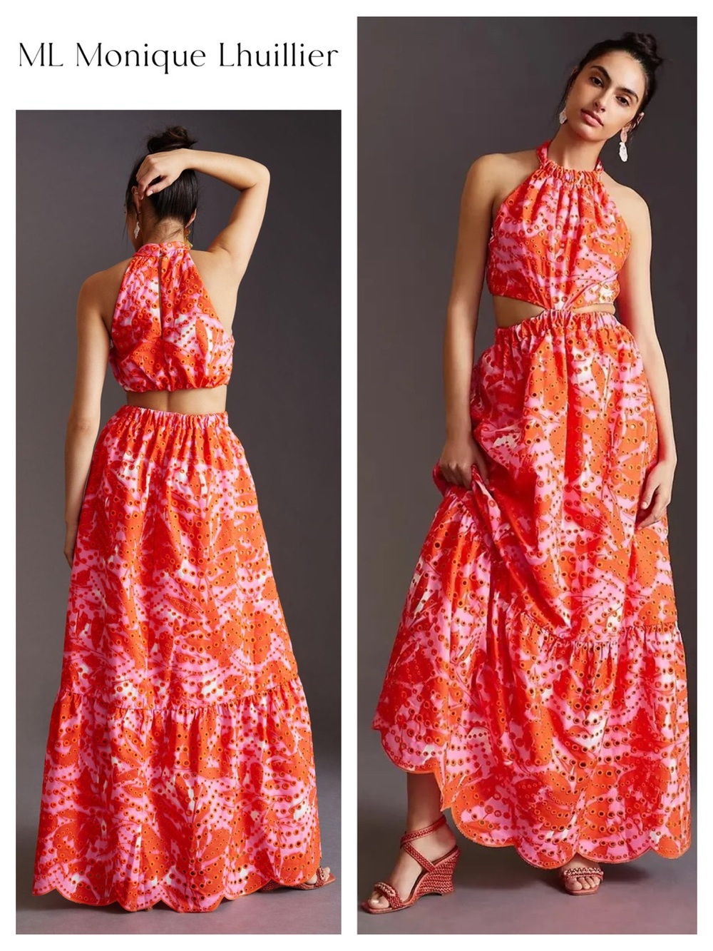 ML Monique Lhuillier Cut-Out Eyelet Lace Halter Gown
